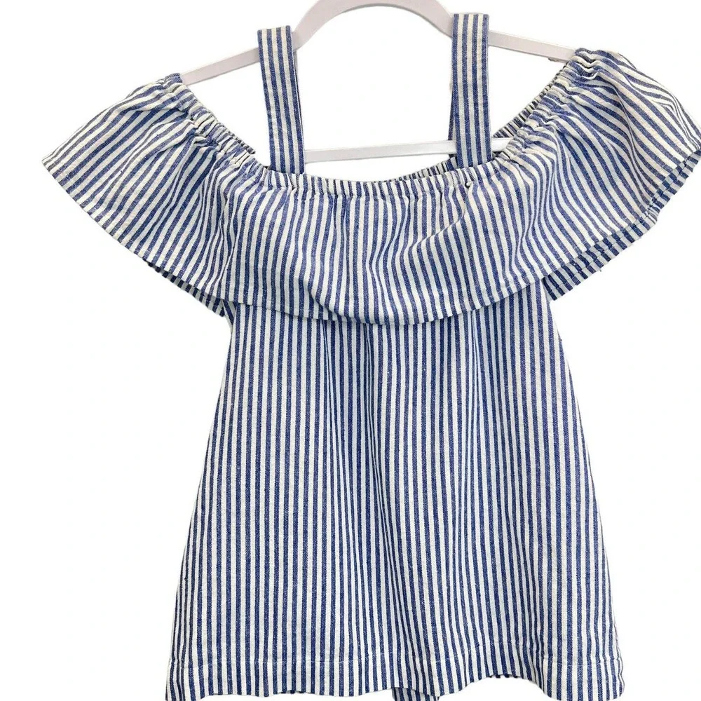 J.Crew Striped Linen Blend Cold Shoulder Ruffle Blouse Blue White Womens Size 00